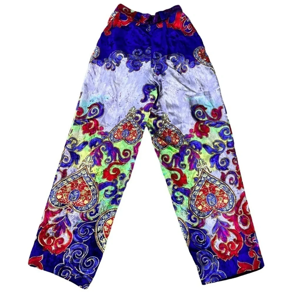 VTG Gianni Versace Jeweled Hearts Silk Velvet Baroque Pleated Pant Vibrant Italy - Picture 3 of 17